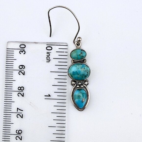 Vintage Sterling Silver Turquoise Dangle Earrings – Modernist 3-Stone Design - Picture 5 of 11